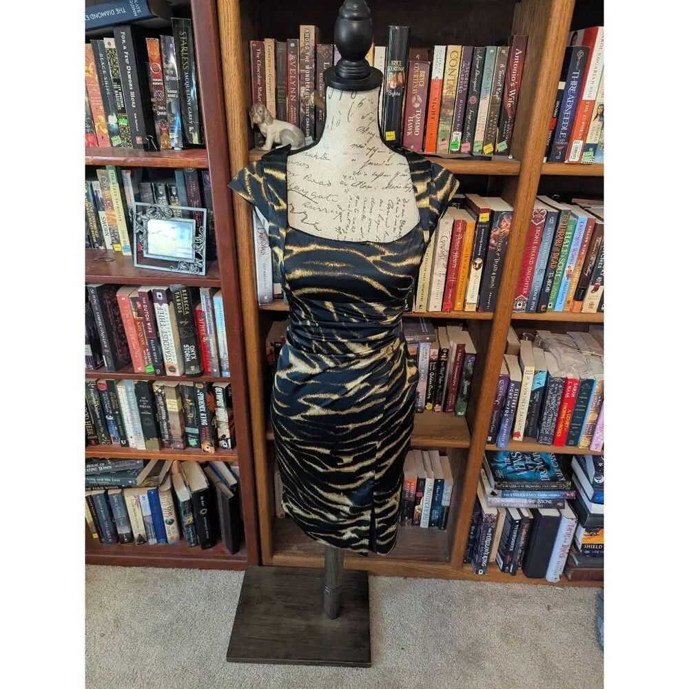 Karen Millen US 4 Satin Animal Print Cocktail Party Pencil Dress Stretchy Knee